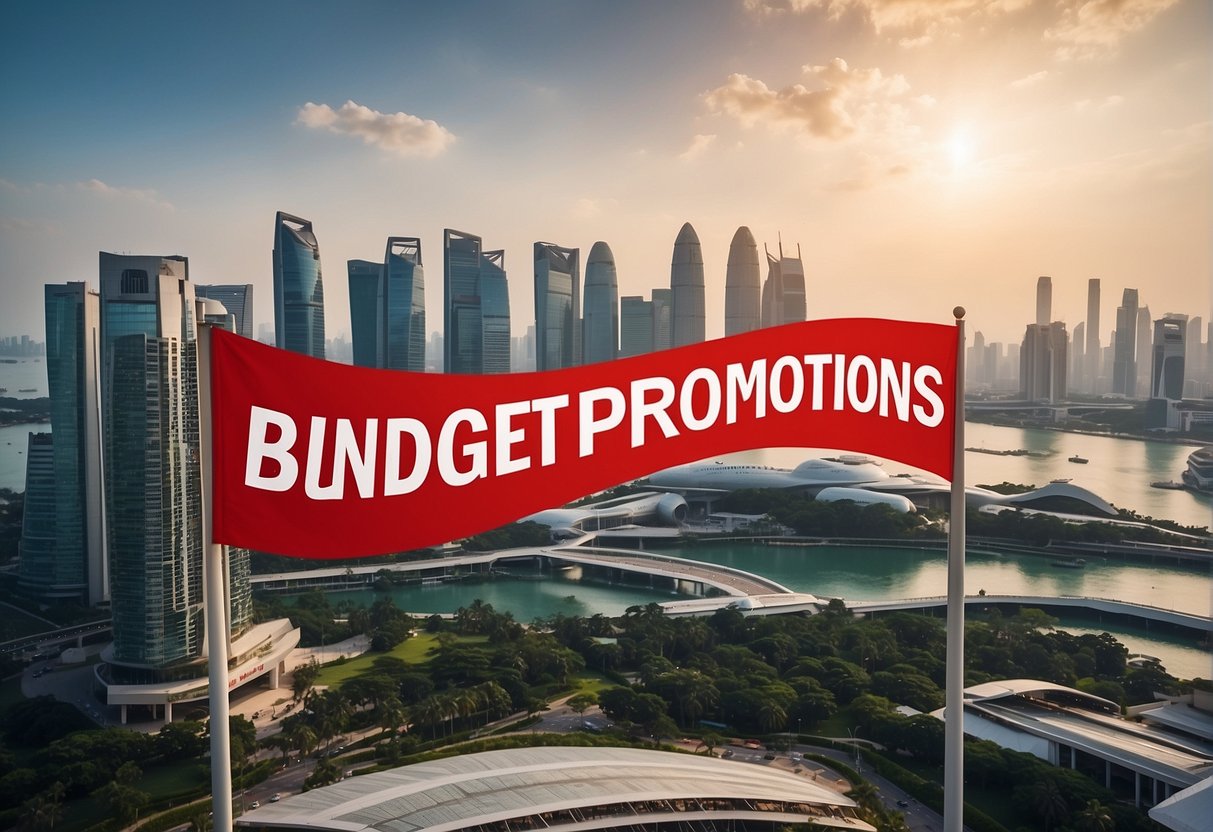 A bright red banner with "Budget Airlines Promotions" in bold white letters against the backdrop of the Singapore skyline