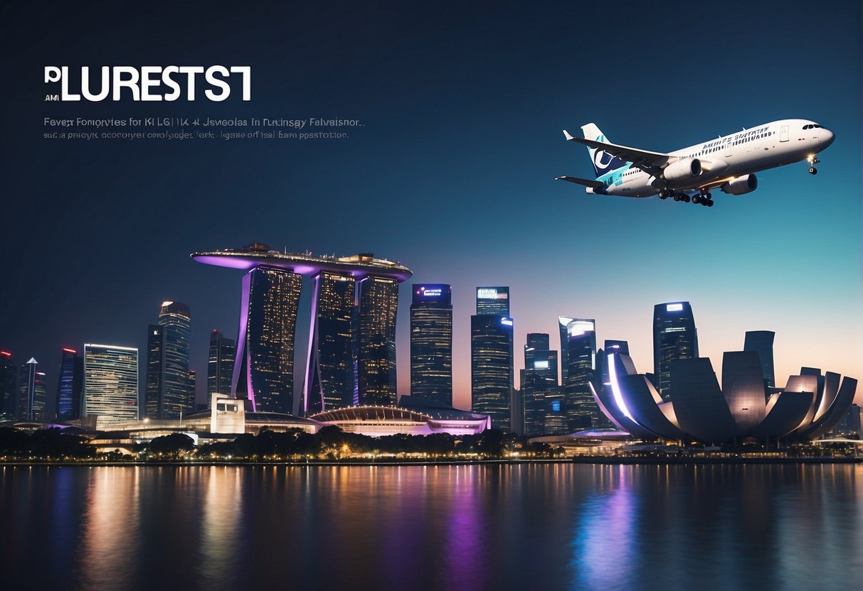 A vibrant airplane flying over the iconic skyline of Singapore, with bold text displaying "Latest Promotions" and "Budget Airlines" in the foreground