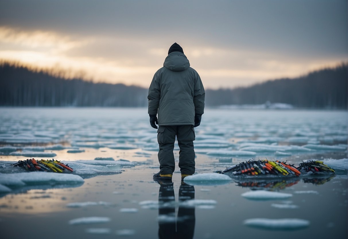 A figure stands on a frozen lake, surrounded by ice fishing lures. The sky is overcast, and the figure is bundled up in warm clothing