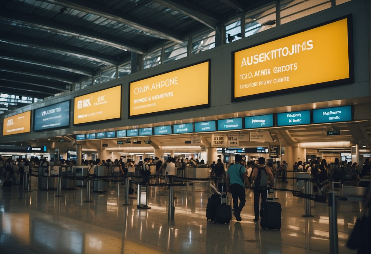A crowded airport terminal with colorful budget airline promotions displayed, with a prominent sign for Singapore flights