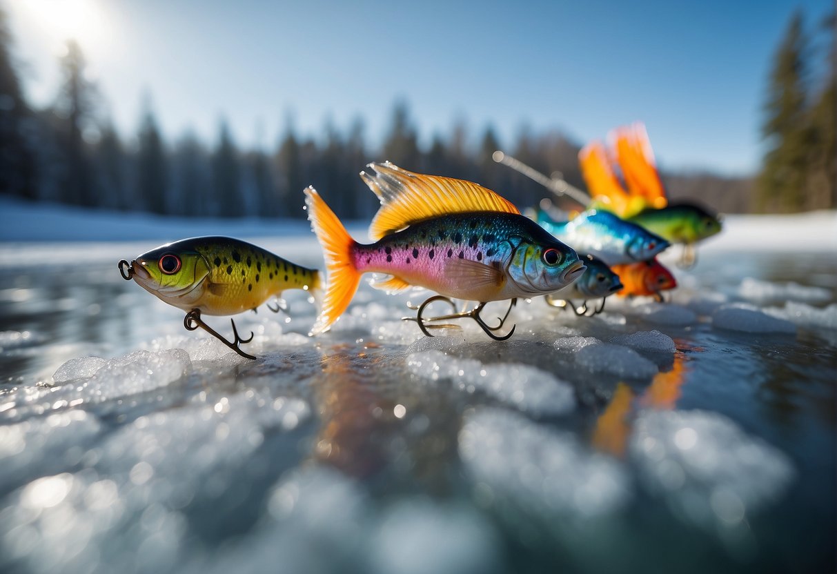 Several colorful ice fishing lures are scattered on a frozen lake, with snow-covered trees in the background