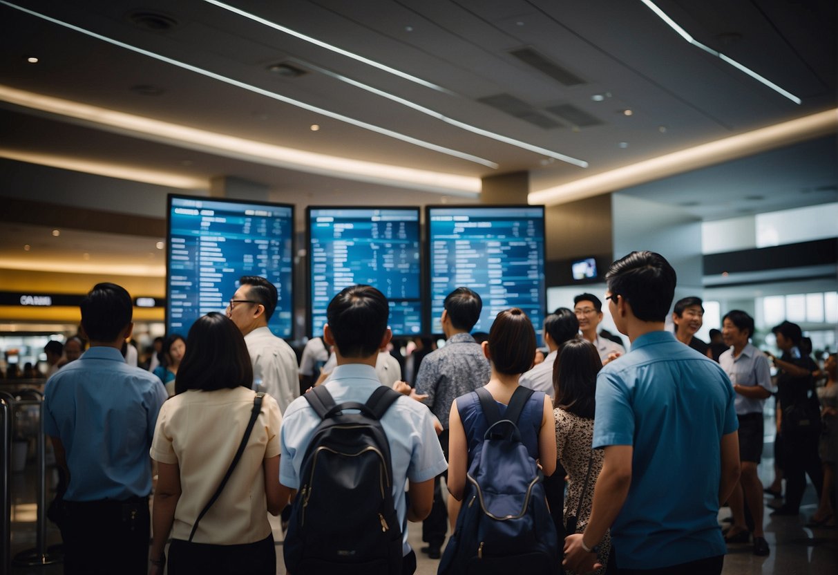 A group of people eagerly scanning through budget airline promotions in Singapore, with a sense of excitement and anticipation in the air