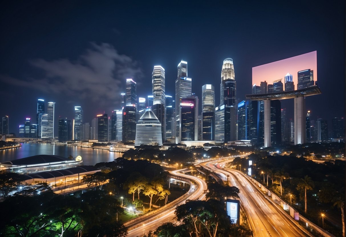 A bustling Singapore cityscape with iconic skyscrapers and bustling financial district. Brightly lit billboards and digital screens advertise investment agency promotions