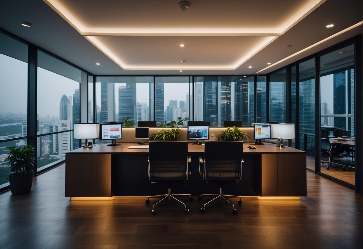 A sleek, modern office setting with a prominent display of investment agency promotions in Singapore. Bright lights and professional atmosphere convey a sense of success and opportunity