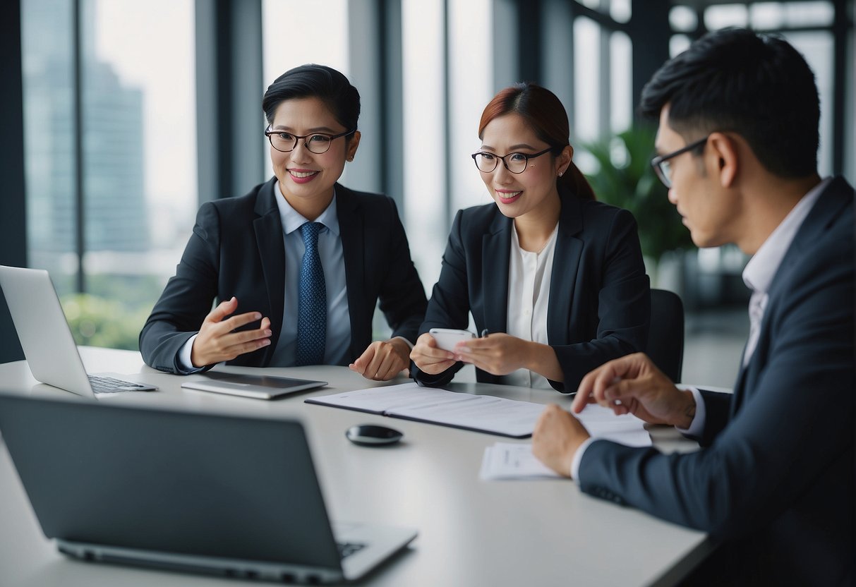 A group of professionals in a modern office setting discussing and strategizing insurance optimization promotions in Singapore