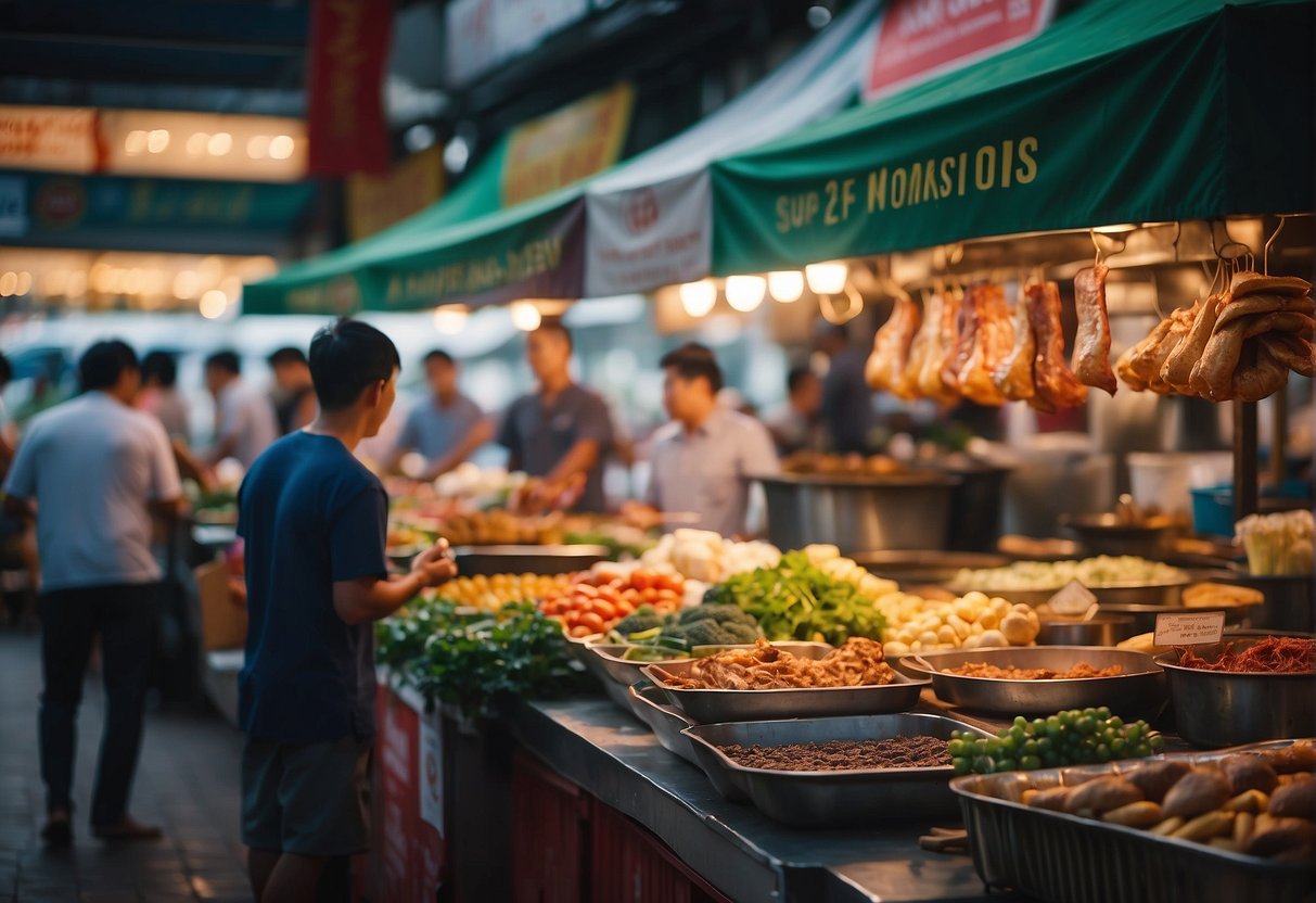 A bustling outdoor market in Singapore, with colorful banners advertising lunch promotions at various food stalls. The aroma of sizzling meats and spices fills the air