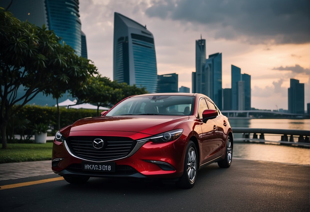A red Mazda car parked in front of a modern Singapore skyline with the iconic Marina Bay Sands in the background