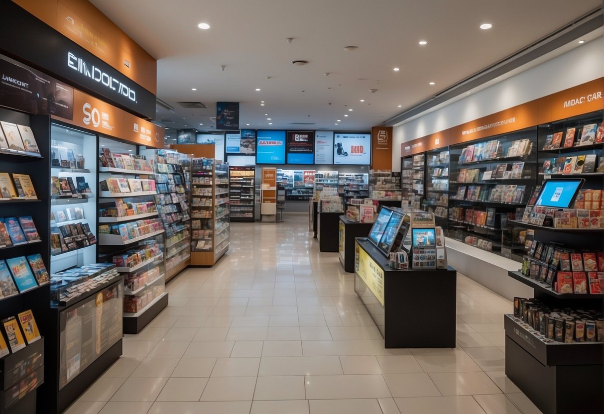 A mobile phone store in Singapore displays promotional banners and signs