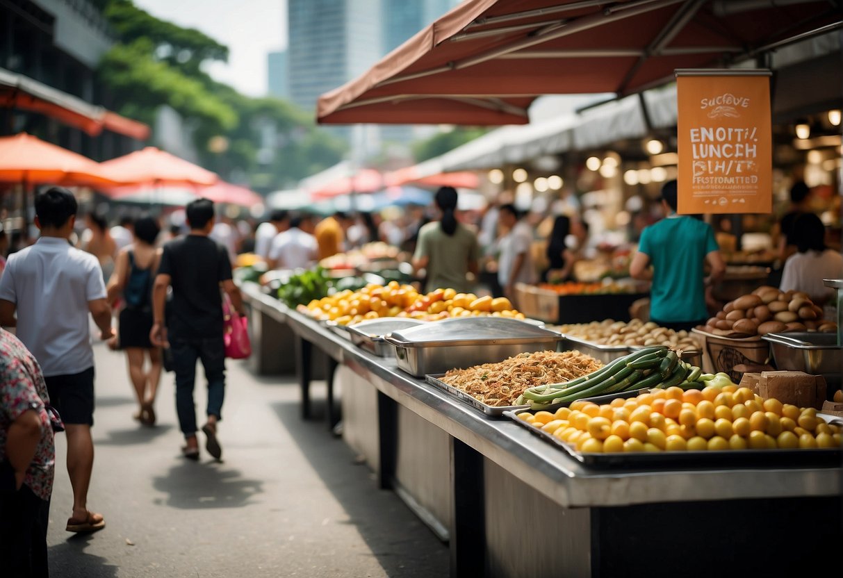 A vibrant outdoor market with colorful banners advertising exclusive lunch promotions in Singapore. Tables are set with gourmet dishes and bustling crowds fill the scene