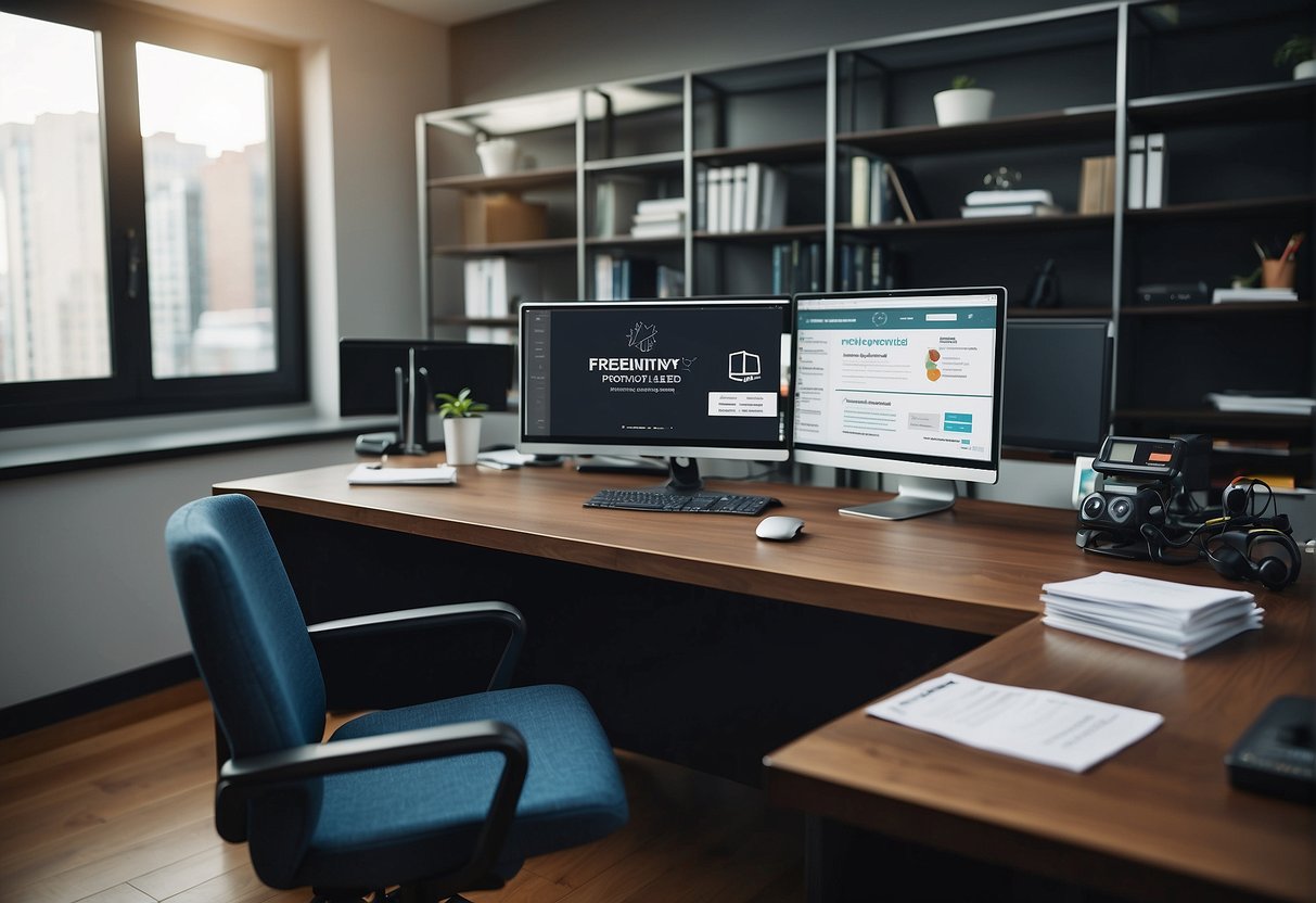 An office setting with a desk, computer, and promotional materials. A banner with "Frequently Asked Questions" and the agency's logo prominently displayed
