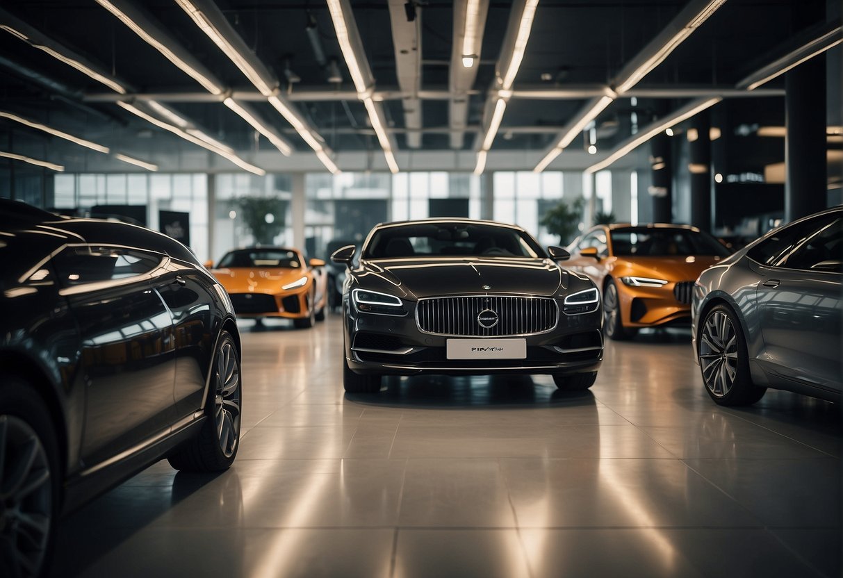 A sleek luxury car parked in a showroom with promotional banners and signage displayed prominently