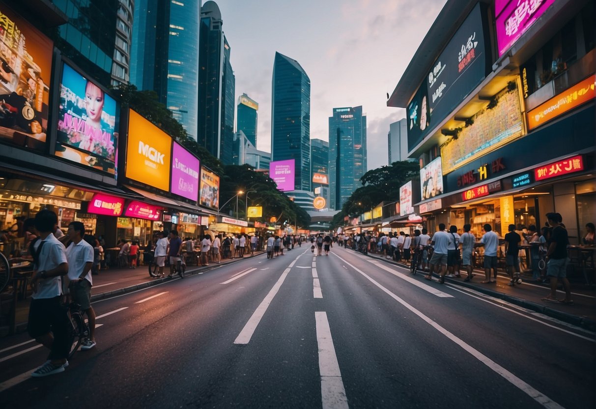 A bustling city street in Singapore, with colorful billboards and neon signs promoting MGK events