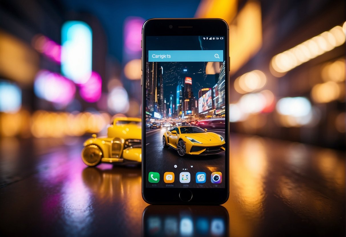 A smartphone surrounded by bright, sizzling promotional graphics