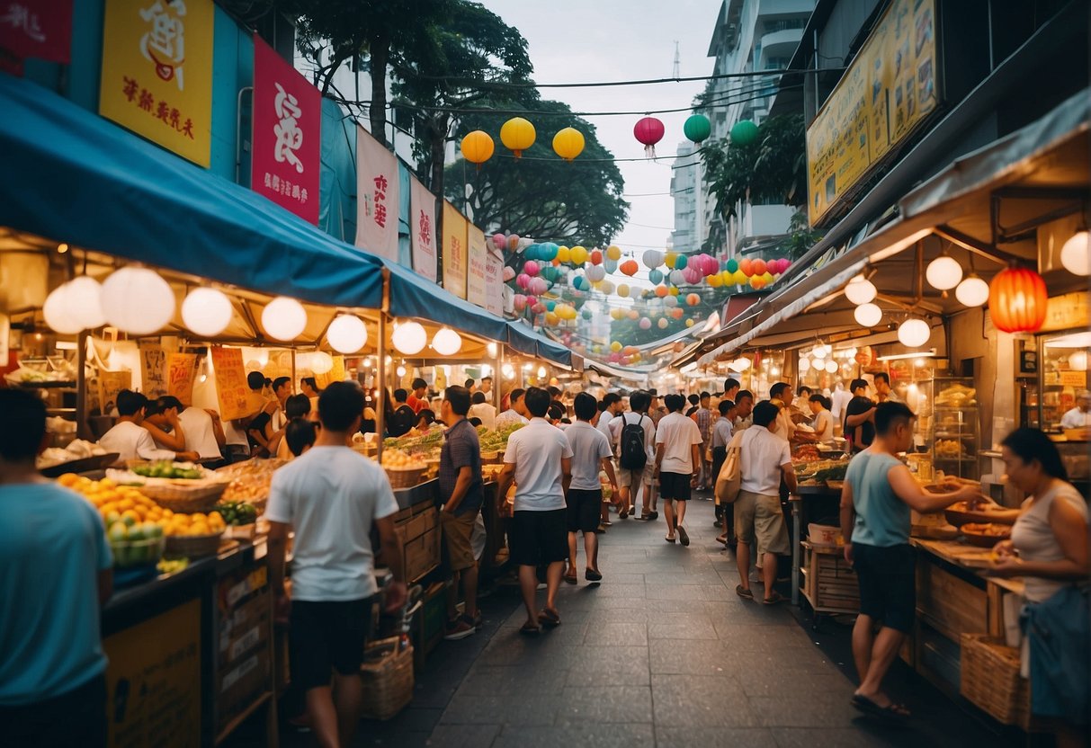 A bustling street market with colorful banners and enticing food stalls, showcasing a variety of delicious culinary treats and lunch promotions in Singapore
