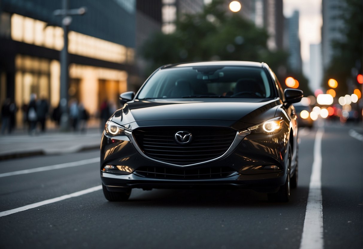A sleek Mazda car with advanced in-car features navigating through a bustling city, showcasing its innovative technology and superior driving experience