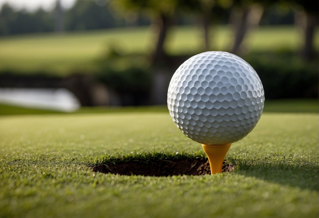 A golf ball rolling into a hole on a lush green golf course, with a sign in the background promoting the latest golf promotions in Singapore
