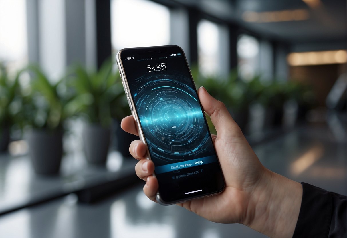 A sleek, modern mobile phone displayed with irresistible promotions in a futuristic setting