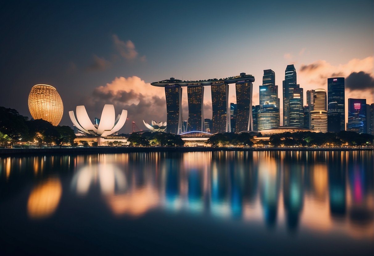 A vibrant city skyline with iconic landmarks, lush greenery, and bustling waterfront activities, showcasing the diverse attractions of Singapore