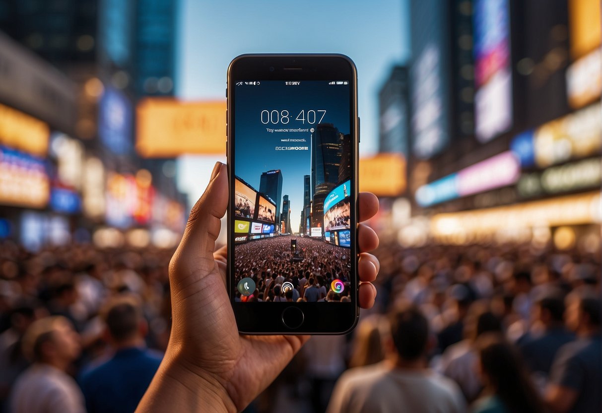 A mobile phone surrounded by promotional banners and logos, with a crowd of people in the background