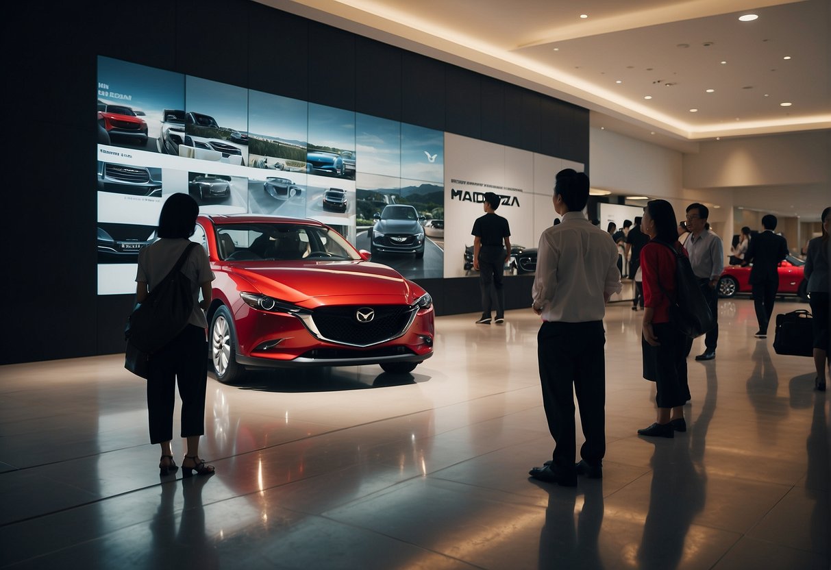 A group of people looking at a promotional display for Mazda cars in Singapore, with a banner reading "Frequently Asked Questions" prominently displayed