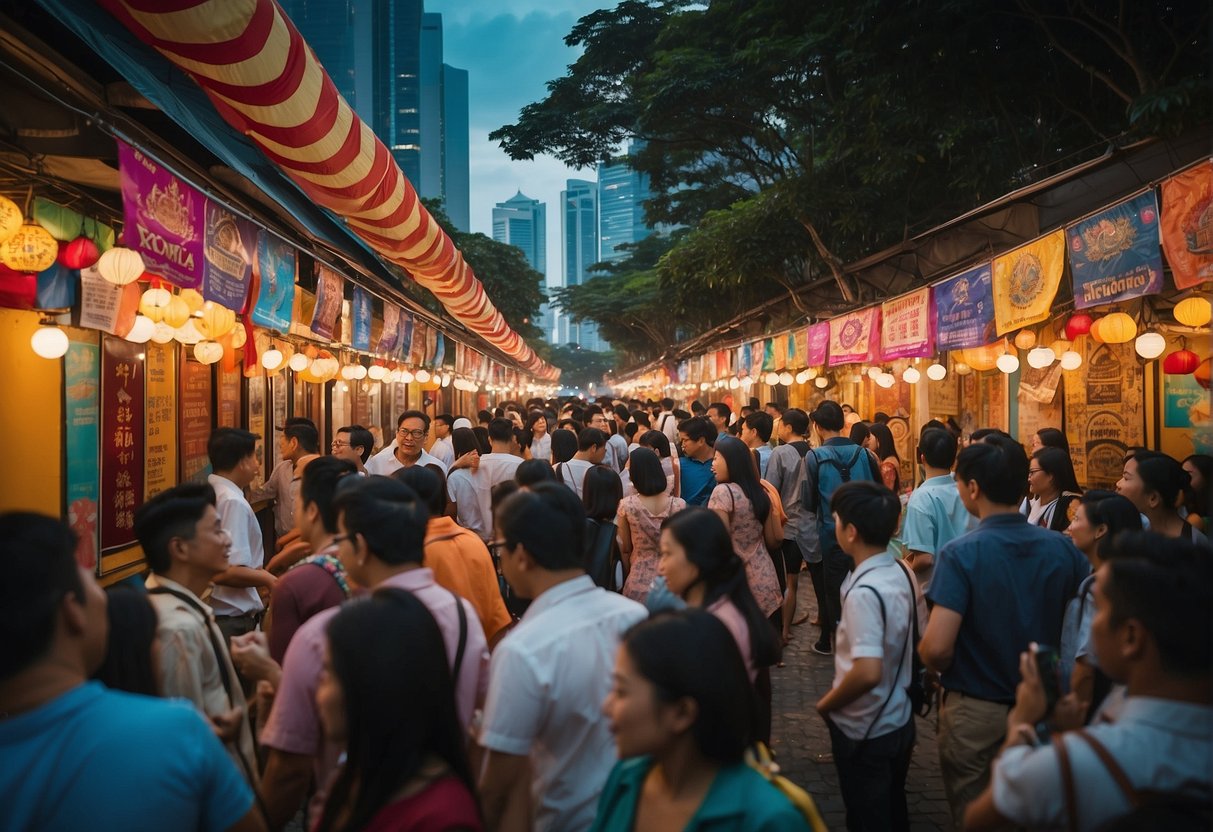 Colorful banners line the streets, showcasing Singapore's top attractions. A crowd gathers around a vibrant booth, eager to learn about the latest travel deals