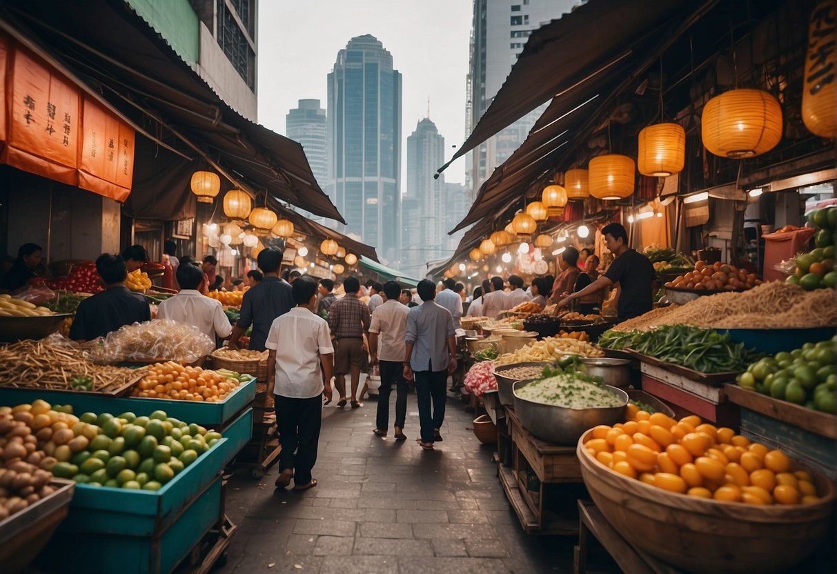 A bustling street market with colorful stalls and diverse food vendors, surrounded by traditional shophouses and modern skyscrapers