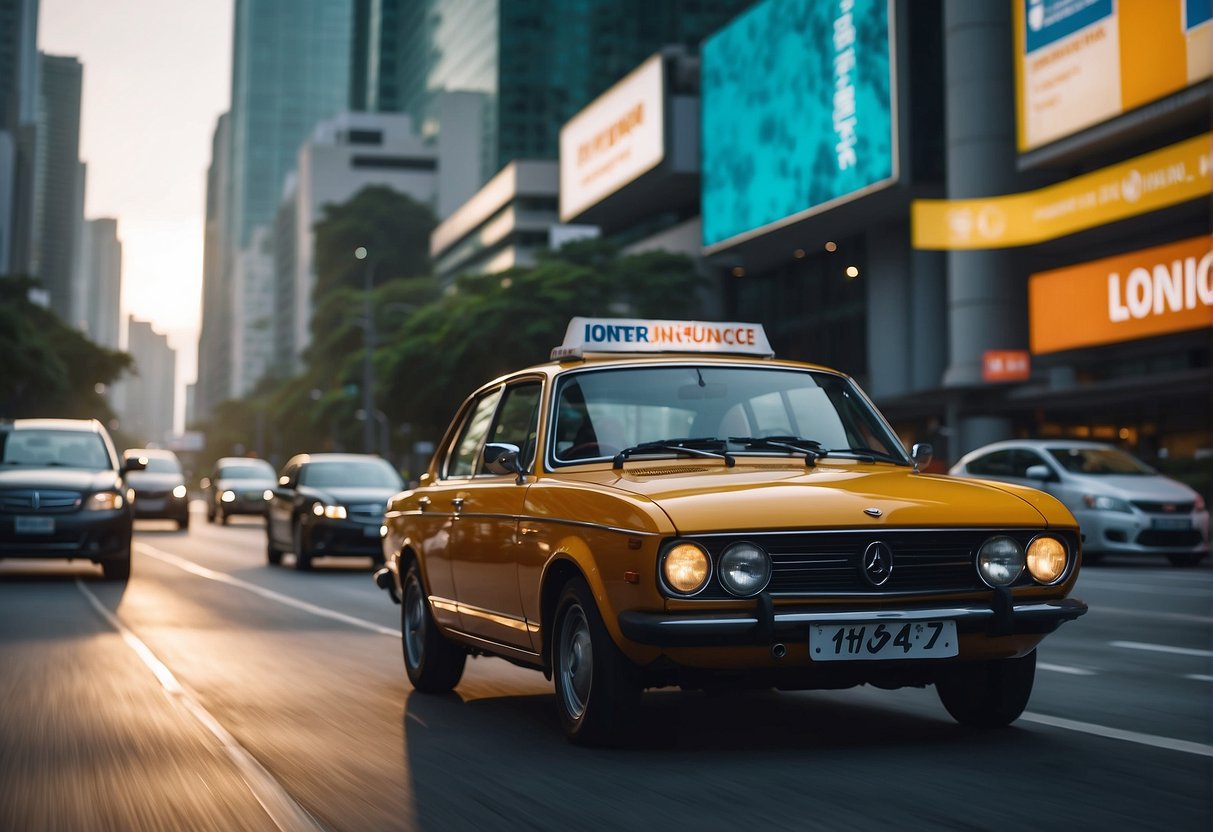 A car driving through a city with a prominent insurance company billboard in the background. Bright colors and bold text promote motor insurance in Singapore