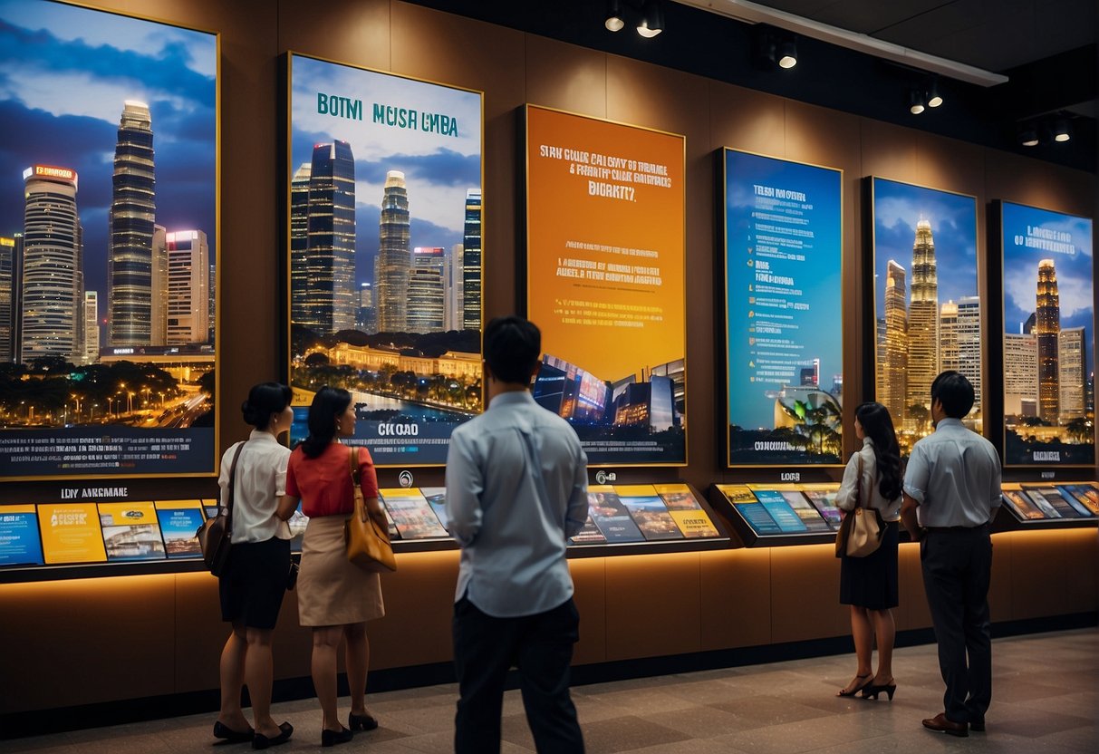 A bustling tourism promotions board office in Singapore, with people seeking information and staff assisting them. Vibrant posters and brochures line the walls, showcasing the city's attractions