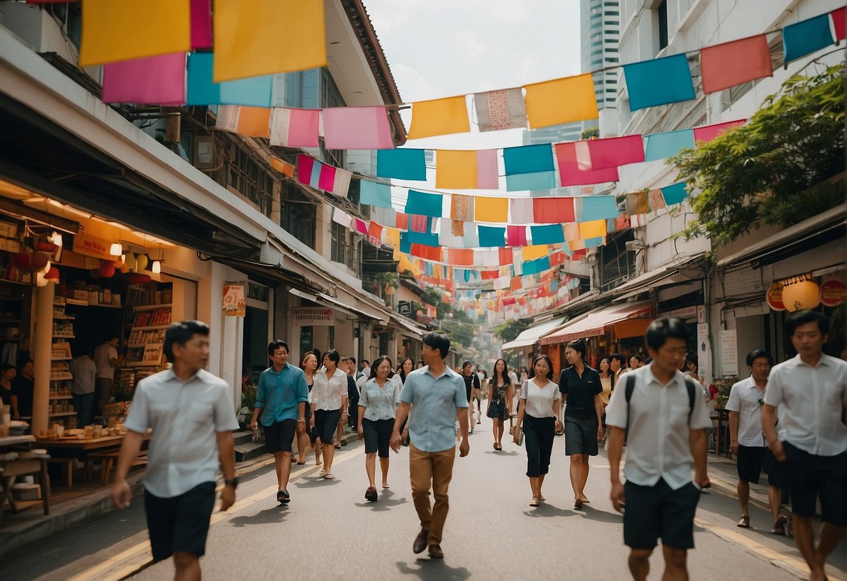 A bustling street in Singapore with colorful banners for Sonos promotions hanging from the buildings, while people walk by and enjoy the lively atmosphere