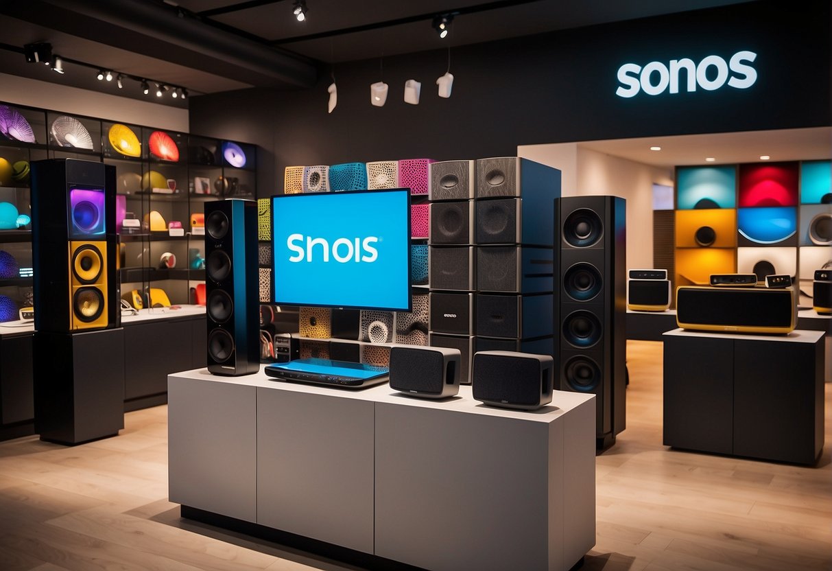 A vibrant display of Sonos speakers and promotional materials in a bustling Singapore store. Bright colors and sleek designs catch the eye of passing customers