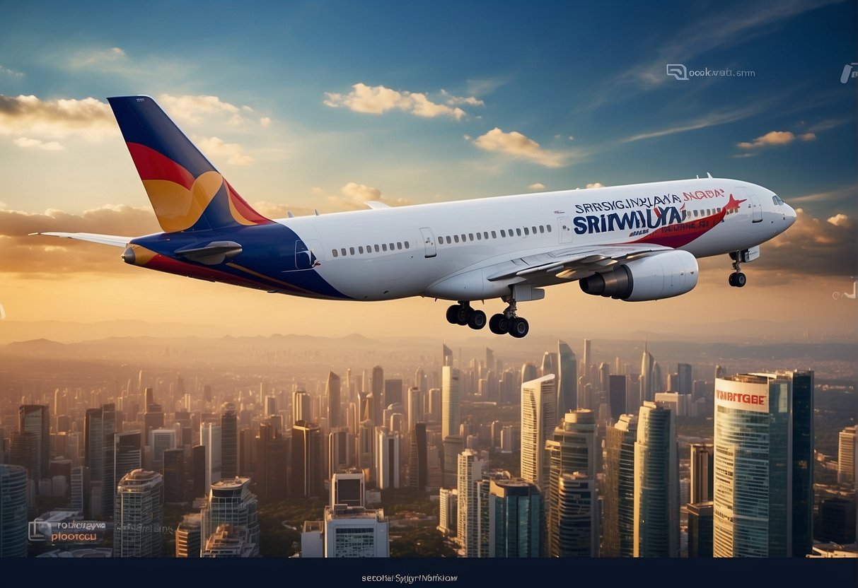 A bright and colorful promotional banner for Sriwijaya Air Singapore, featuring eye-catching graphics and enticing offers