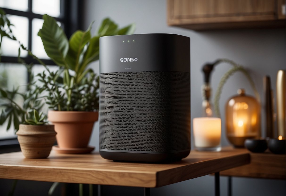 A sleek Sonos speaker sits atop a modern stand, surrounded by a collection of stylish accessories. The room is bathed in warm, ambient light, creating a cozy and inviting atmosphere
