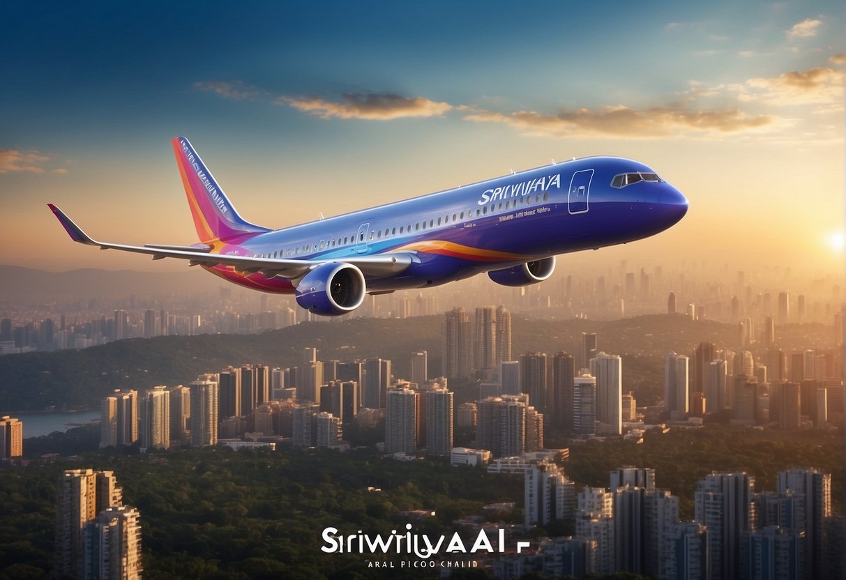 A colorful airplane flying over a city skyline with the text "Sriwijaya Air's Latest Offers" displayed prominently in the sky