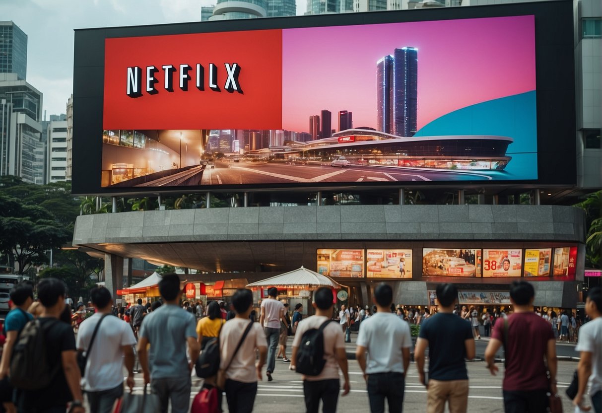 A bustling Singapore street with colorful billboards promoting Netflix shows, surrounded by excited onlookers