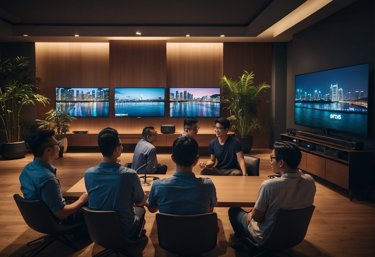A group of people in Singapore eagerly engaging with Sonos promotions, surrounded by sleek audio equipment and vibrant marketing materials