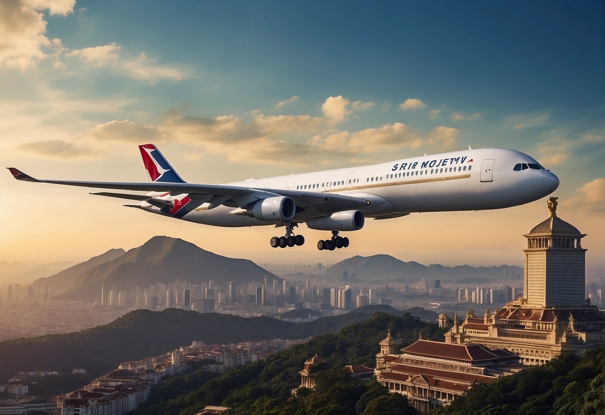 A luxurious airplane flying over iconic landmarks, with a banner displaying "Exclusive Travel Rewards and Deals" by Sriwijaya Air Singapore promotions