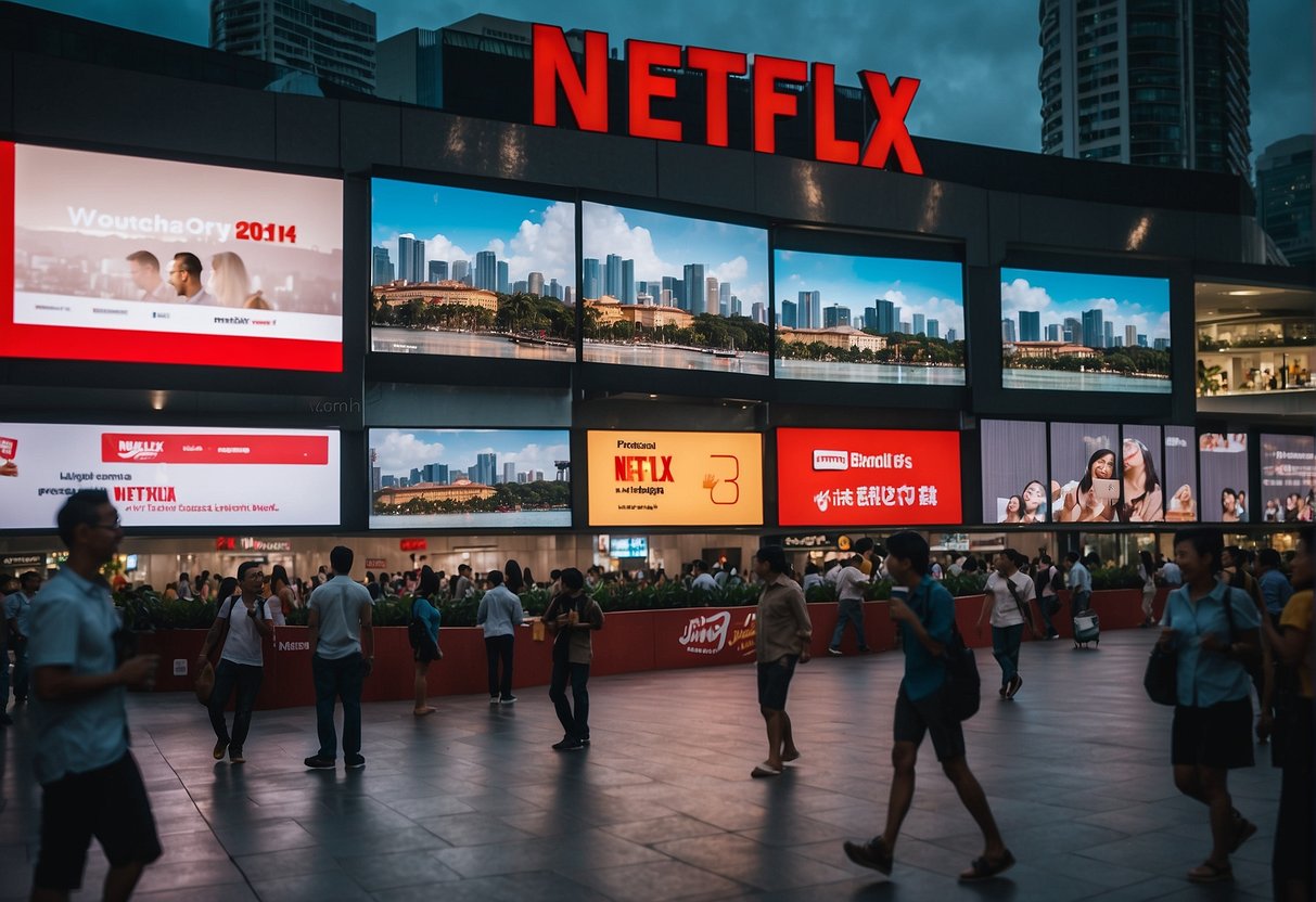 A vibrant cityscape with prominent Netflix branding on billboards and digital screens, bustling with people enjoying the latest promotions in Singapore 2024