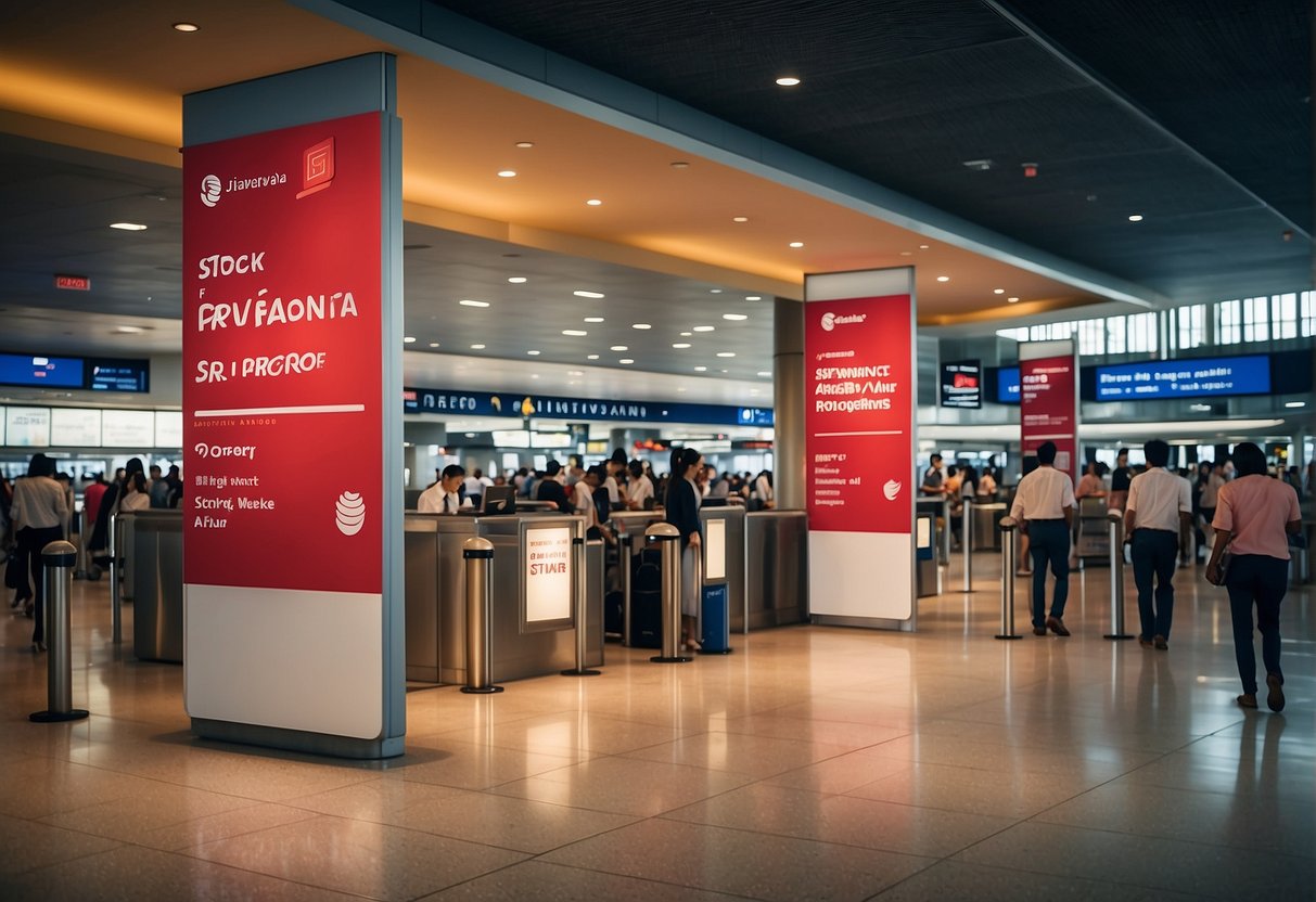 A crowded airport terminal with a prominent "Sriwijaya Air Singapore Promotions" banner above a busy ticket counter