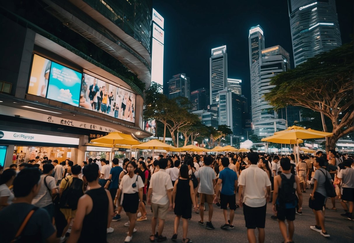 A bustling city street with vibrant signage and bustling crowds in Singapore for Off White promotions