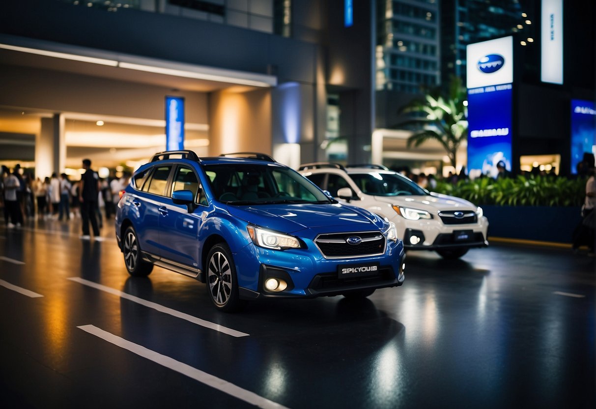 Subaru logos and banners displayed at a bustling event in Singapore