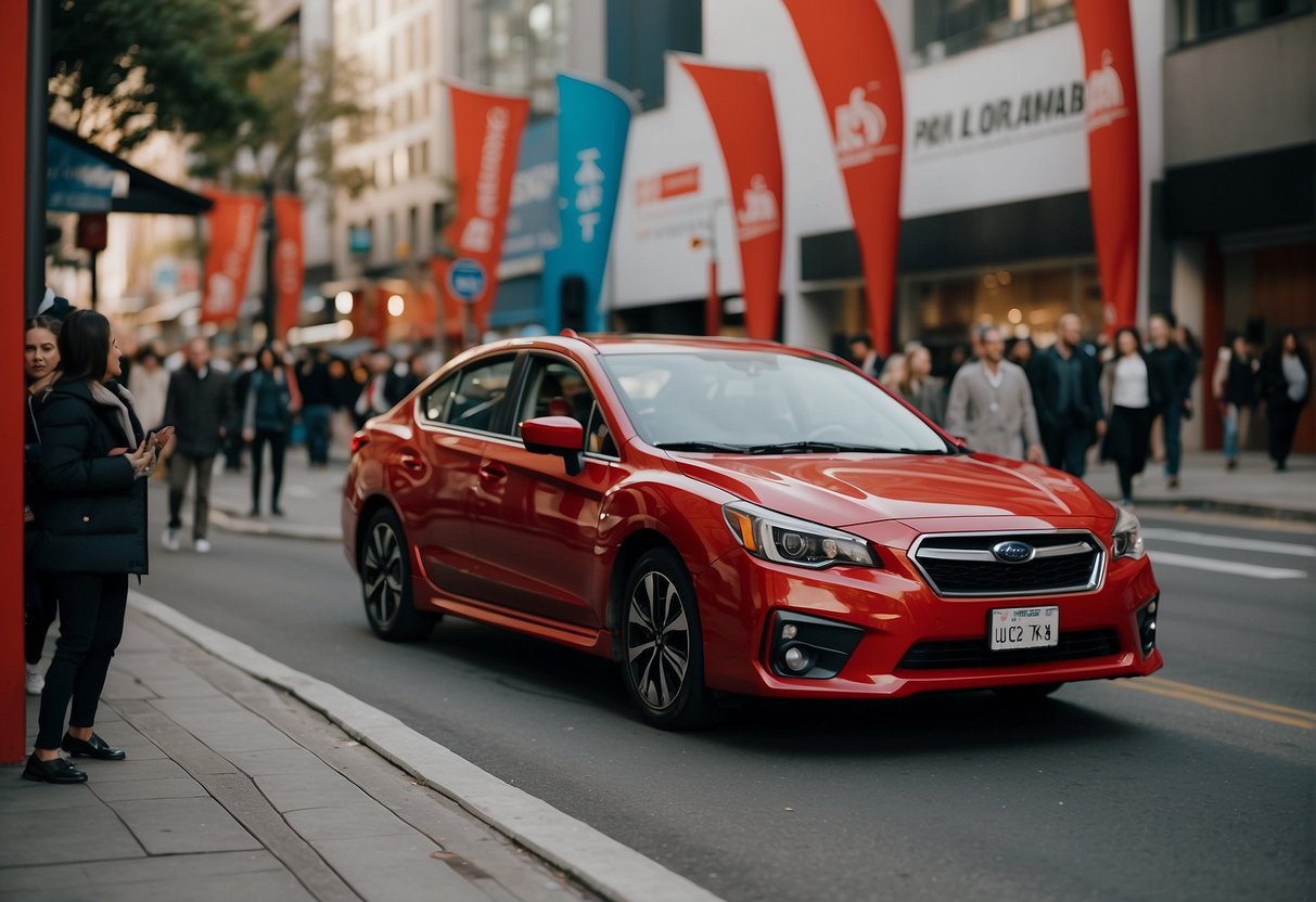 A bright red Subaru car sits prominently in the center of a bustling city street, surrounded by colorful promotional banners and excited onlookers