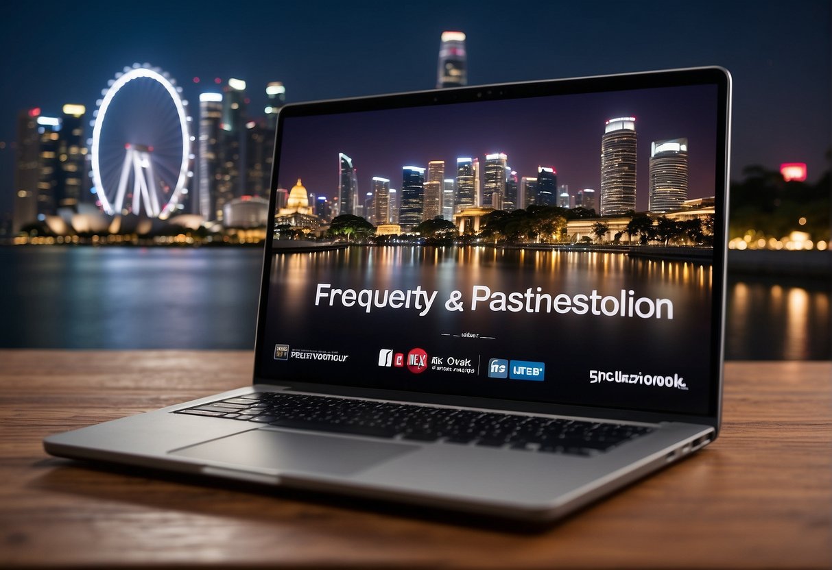 A laptop displaying "Frequently Asked Questions" and the Netflix logo with promotional text, set against a backdrop of iconic Singapore landmarks