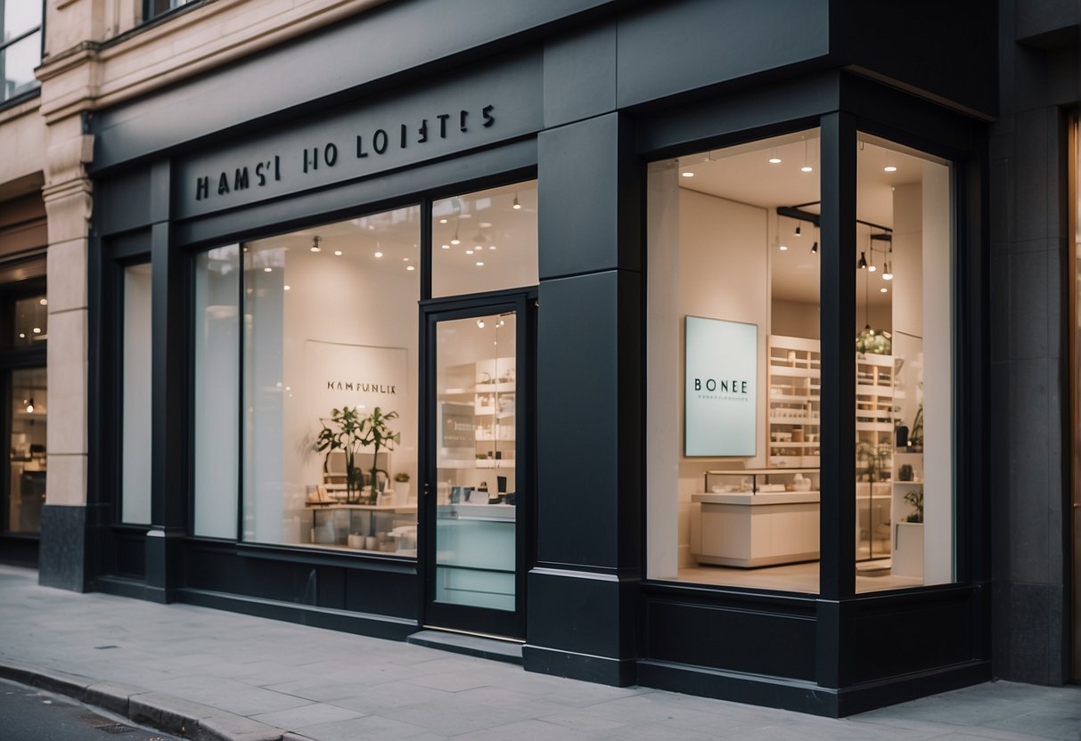 A sleek, modern storefront with bold Off-White branding and eye-catching promotions displayed in the window