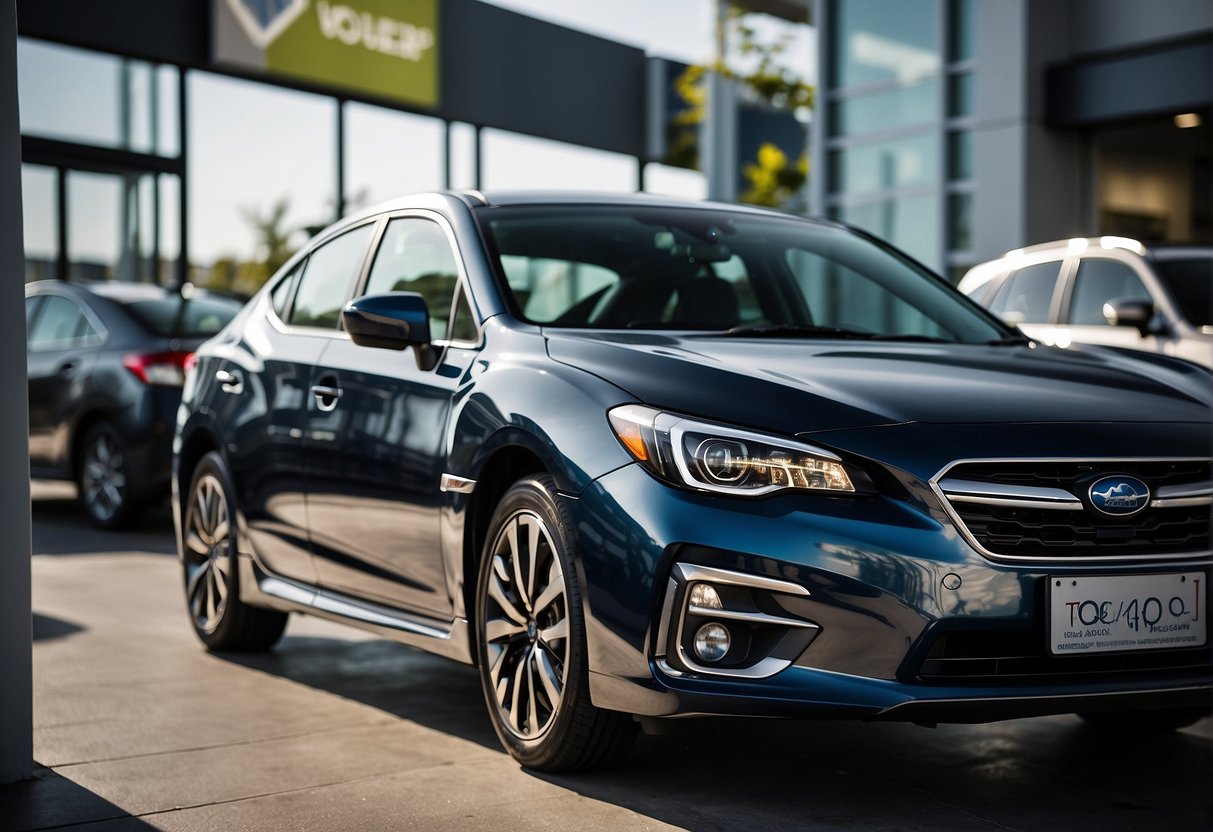 A sleek Subaru vehicle parked in front of a dealership, surrounded by promotional banners and signs. The showroom windows display the latest models and comparison charts