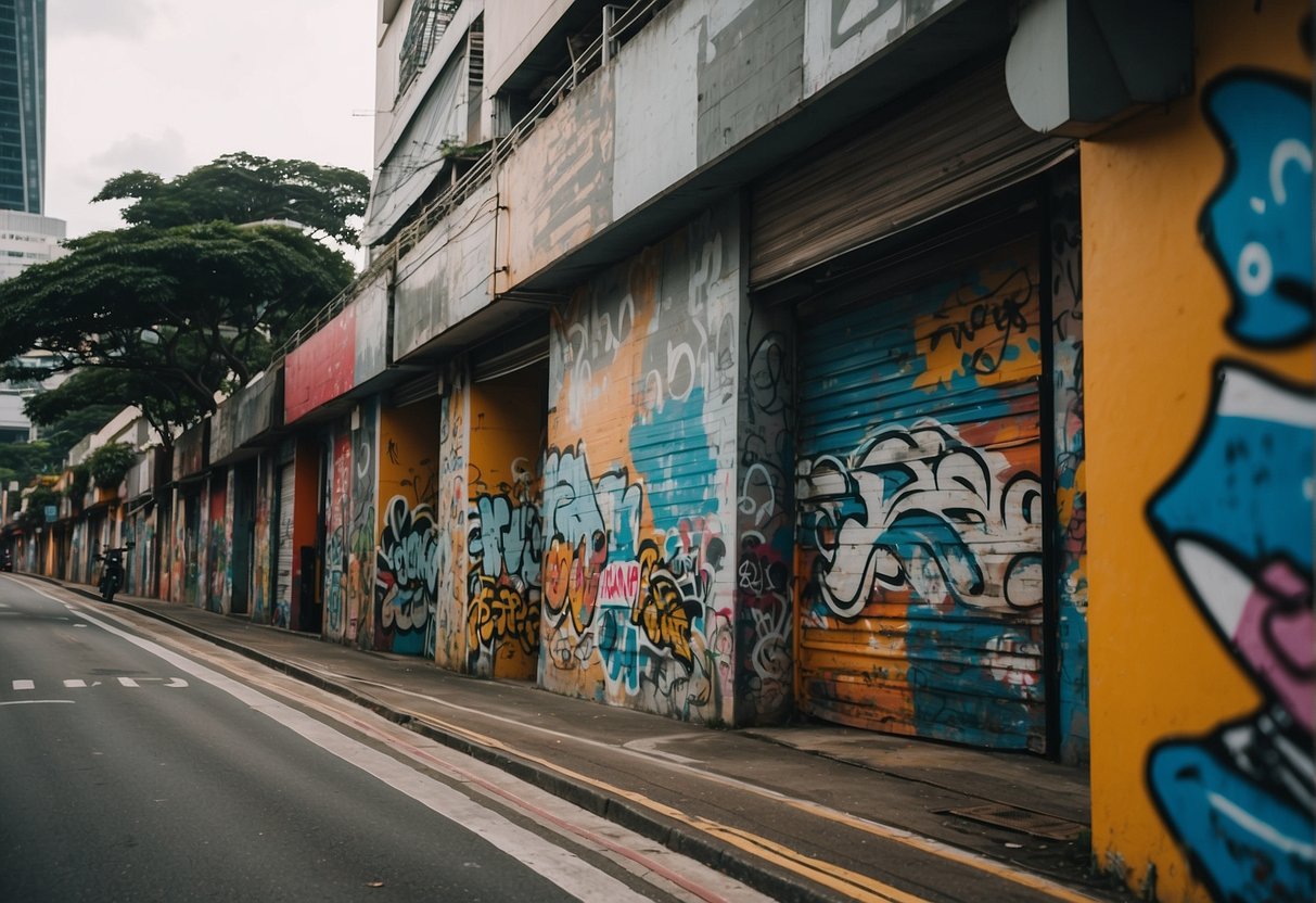 A bustling street lined with vibrant graffiti walls, showcasing off white promotions in Singapore's urban fashion scene