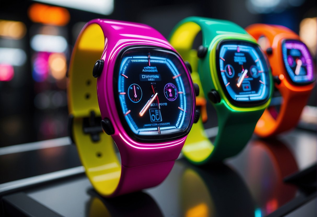 Brightly colored swatch watches displayed in a modern Singapore storefront. Neon signs and sleek designs attract passersby