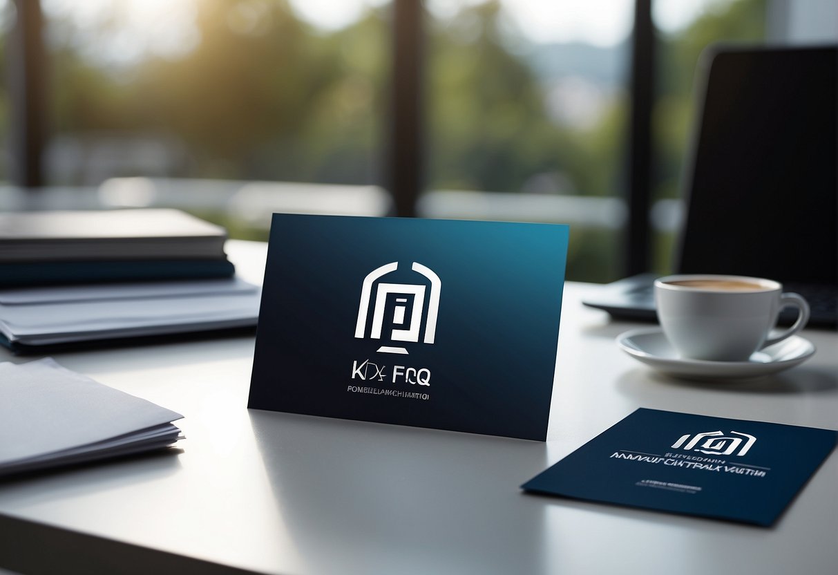 A table with promotional materials, a banner with the company logo, and a stack of FAQ booklets