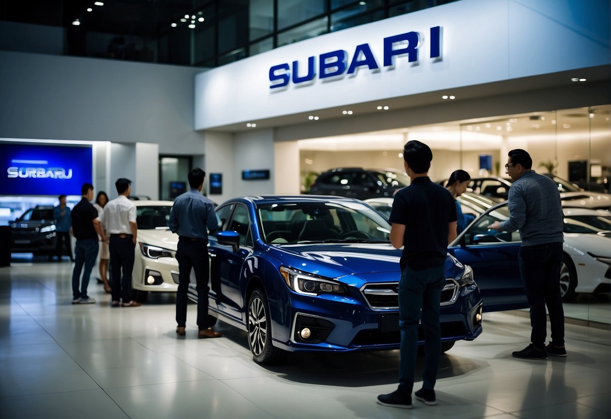 A group of people browsing through a display of Subaru promotions in a sleek and modern showroom in Singapore