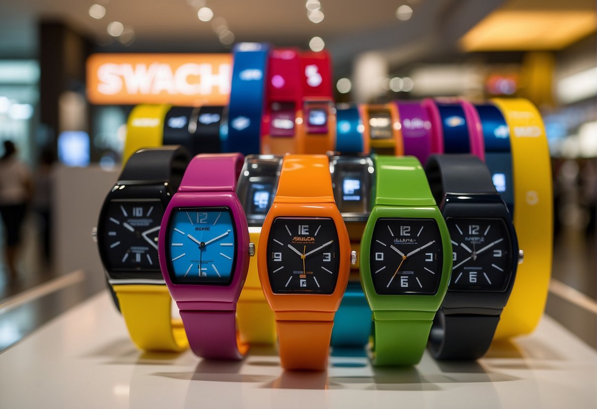 Colorful Swatch watches displayed on a sleek, modern showcase in a busy Singapore mall. Bright promotional signs and banners catch the eye