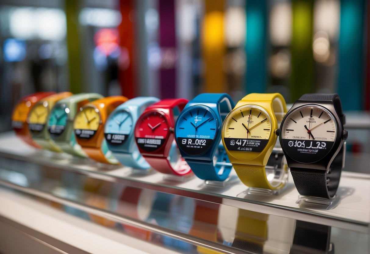 A group of colorful Swatch watches displayed with promotional signs in a Singaporean store window